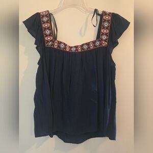 Xhilaration Navy Blue Blouse with Geometric Embroidery